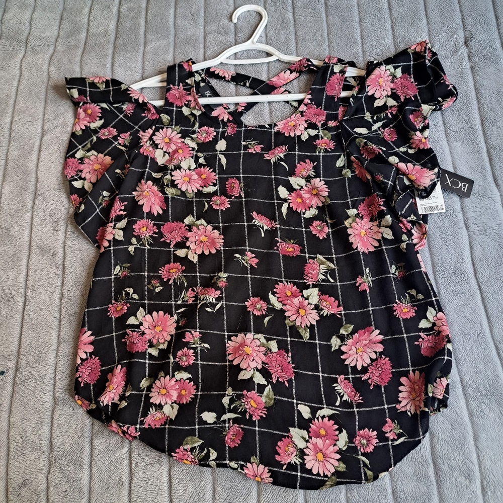 BCX Floral Black and Pink Women's Top (SM)